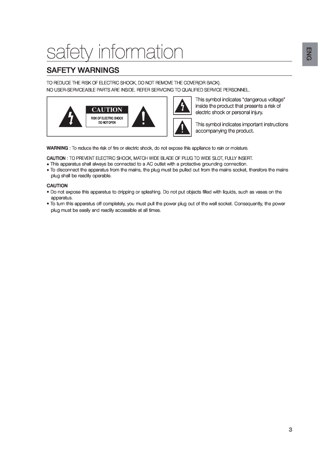 Samsung HW-F751/XN, HW-F751/TK, HW-F751/EN manual safety information, Safety Warnings 