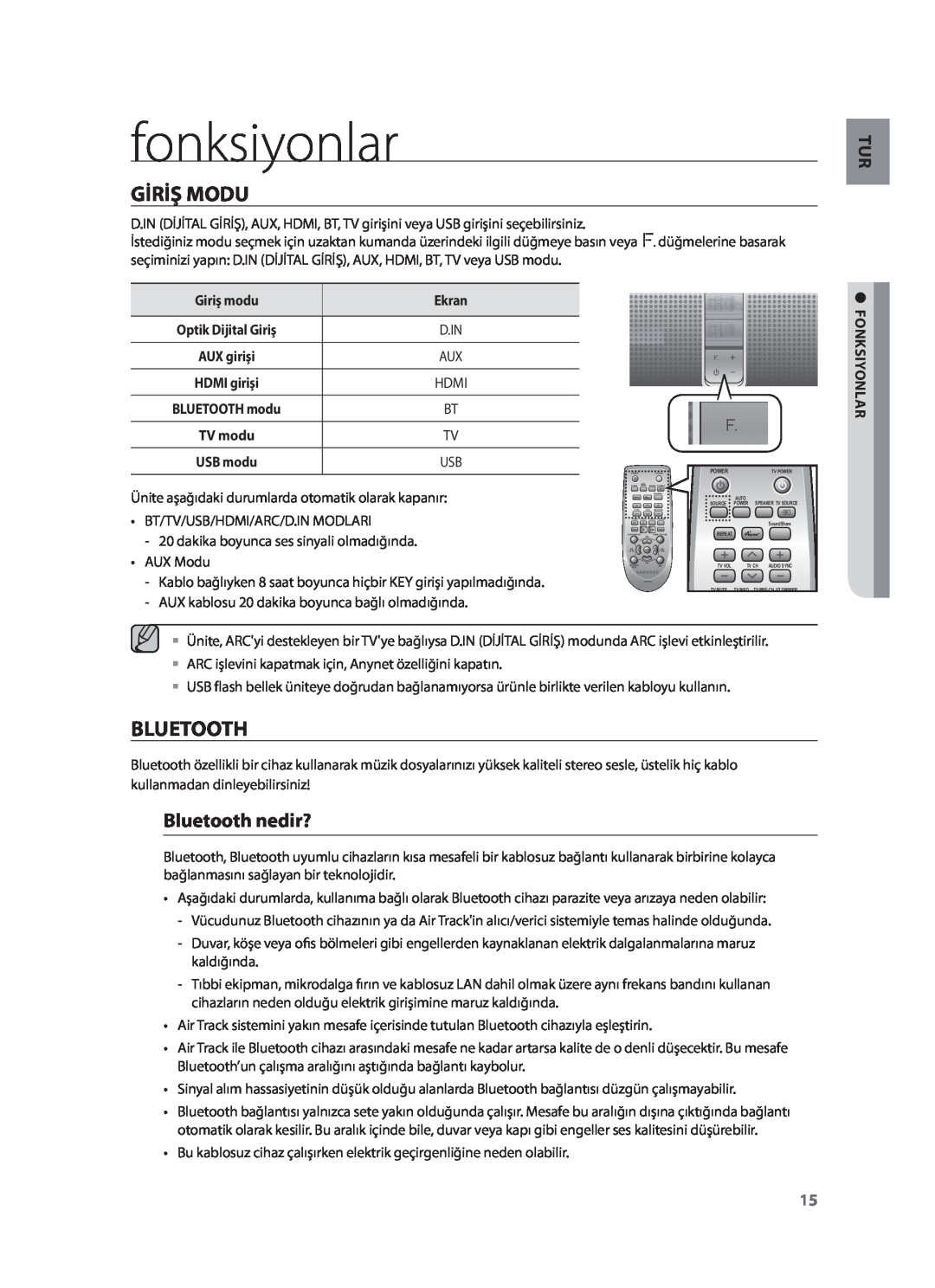 Samsung HW-F751/TK, HW-F751/XN, HW-F751/EN manual fonksiyonlar, Giriş Modu, Bluetooth nedir?, Giriş modu, Ekran, Fonksiyonlar 