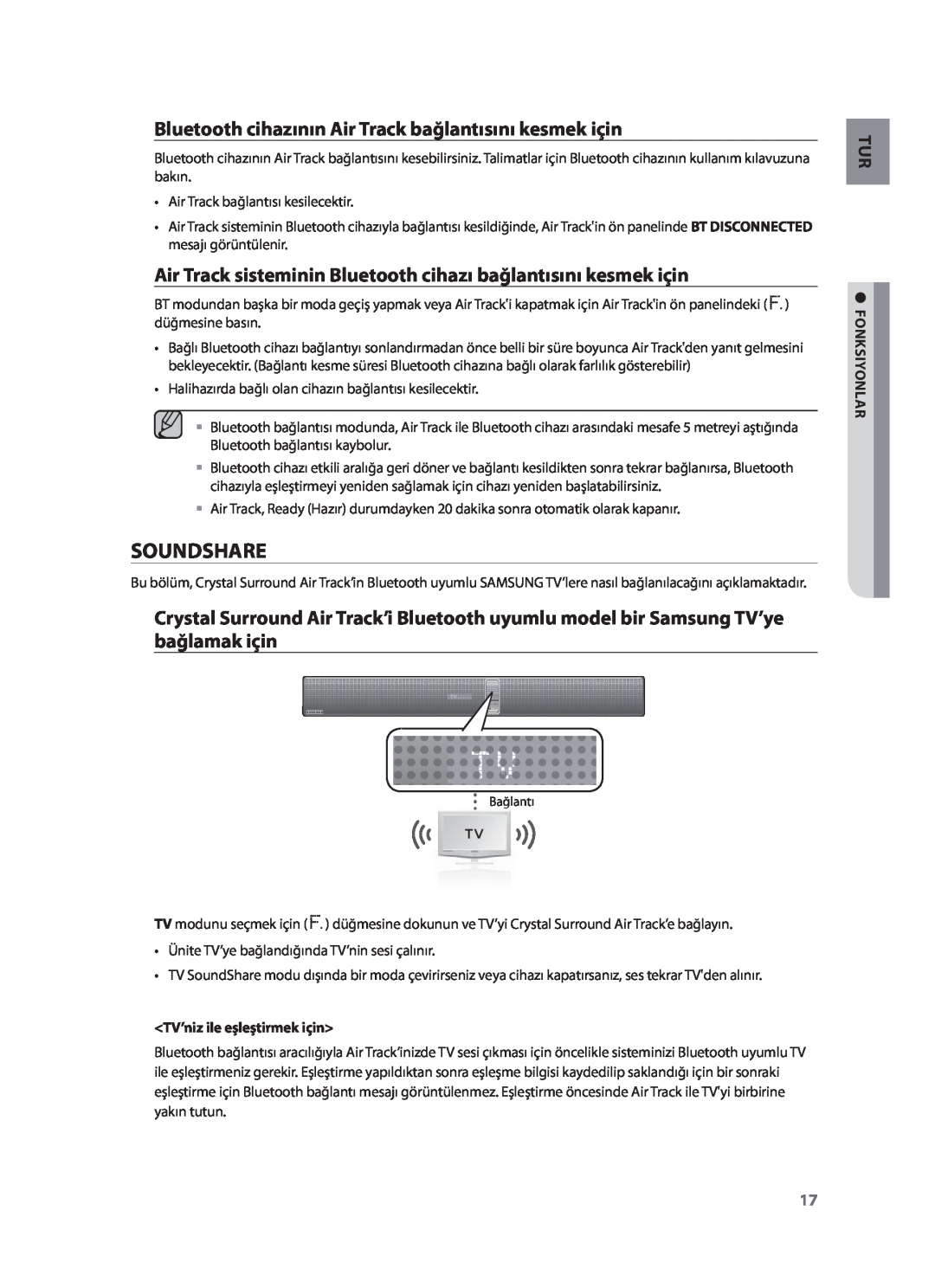 Samsung HW-F751/XN manual Soundshare, Bluetooth cihazının Air Track bağlantısını kesmek için, TV’niz ile eşleştirmek için 
