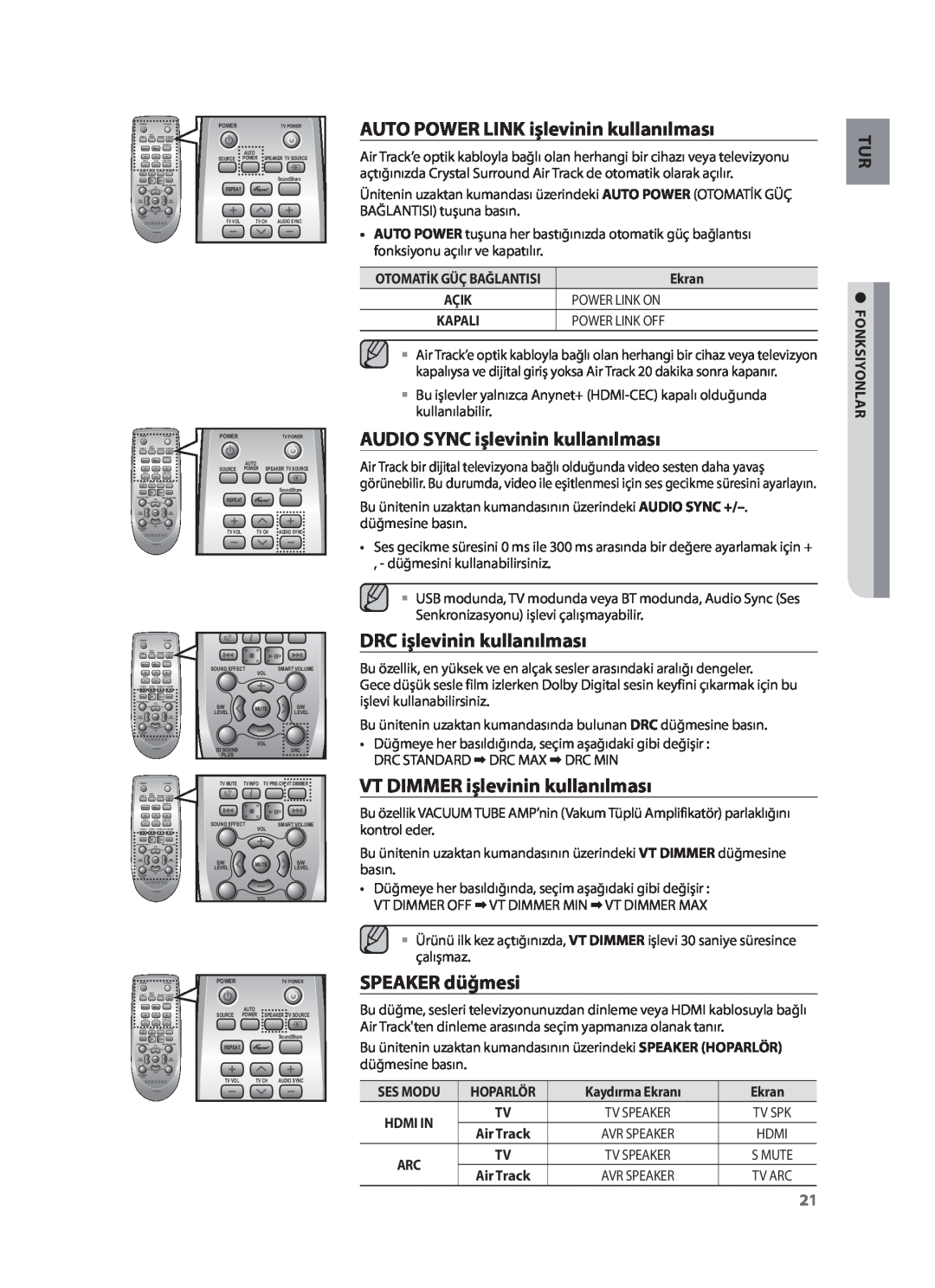 Samsung HW-F751/TK AUTO POWER LINK işlevinin kullanılması, AUDIO SYNC işlevinin kullanılması, DRC işlevinin kullanılması 