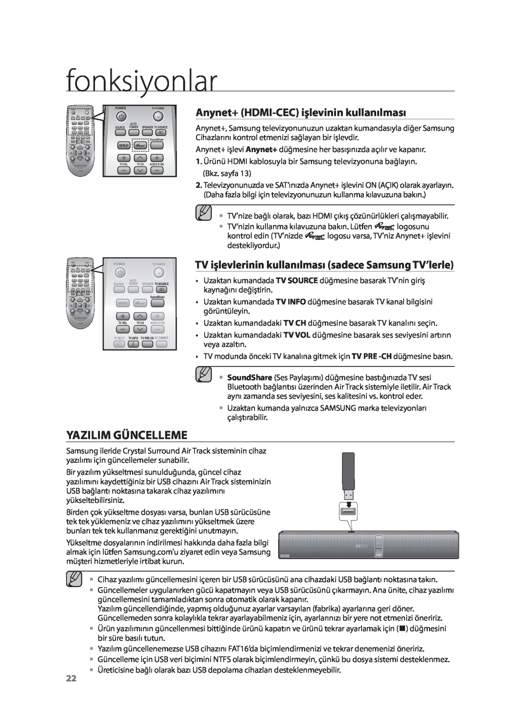 Samsung HW-F751/EN, HW-F751/XN, HW-F751/TK manual Yazilim Güncelleme, Anynet+ HDMI-CEC işlevinin kullanılması, fonksiyonlar 