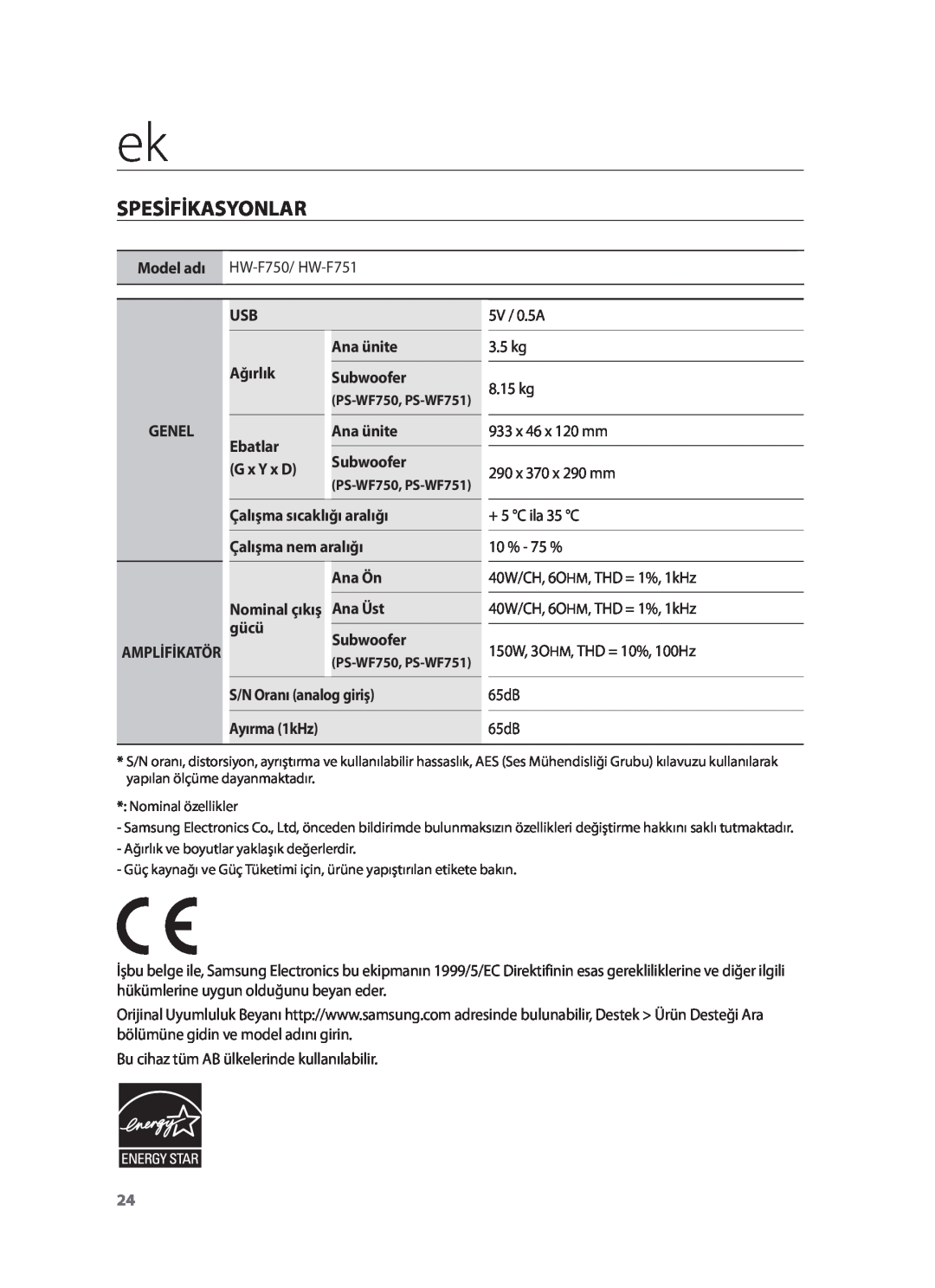 Samsung HW-F751/TK, HW-F751/XN, HW-F751/EN manual Spesifikasyonlar 
