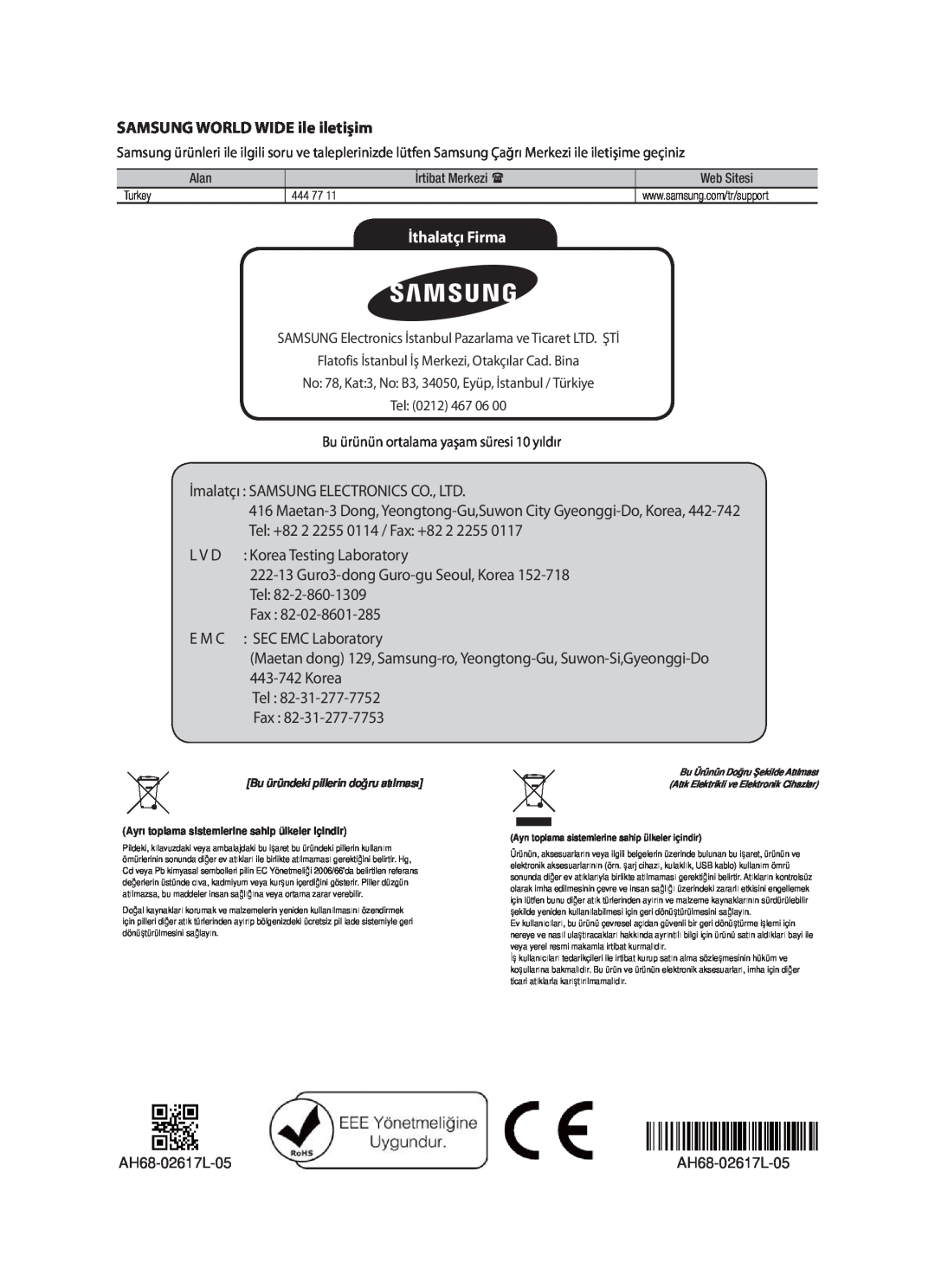 Samsung HW-F751/EN, HW-F751/XN manual SAMSUNG WORLD WIDE ile iletişim, İthalatçı Firma, Bu üründeki pillerin doğru atılması 