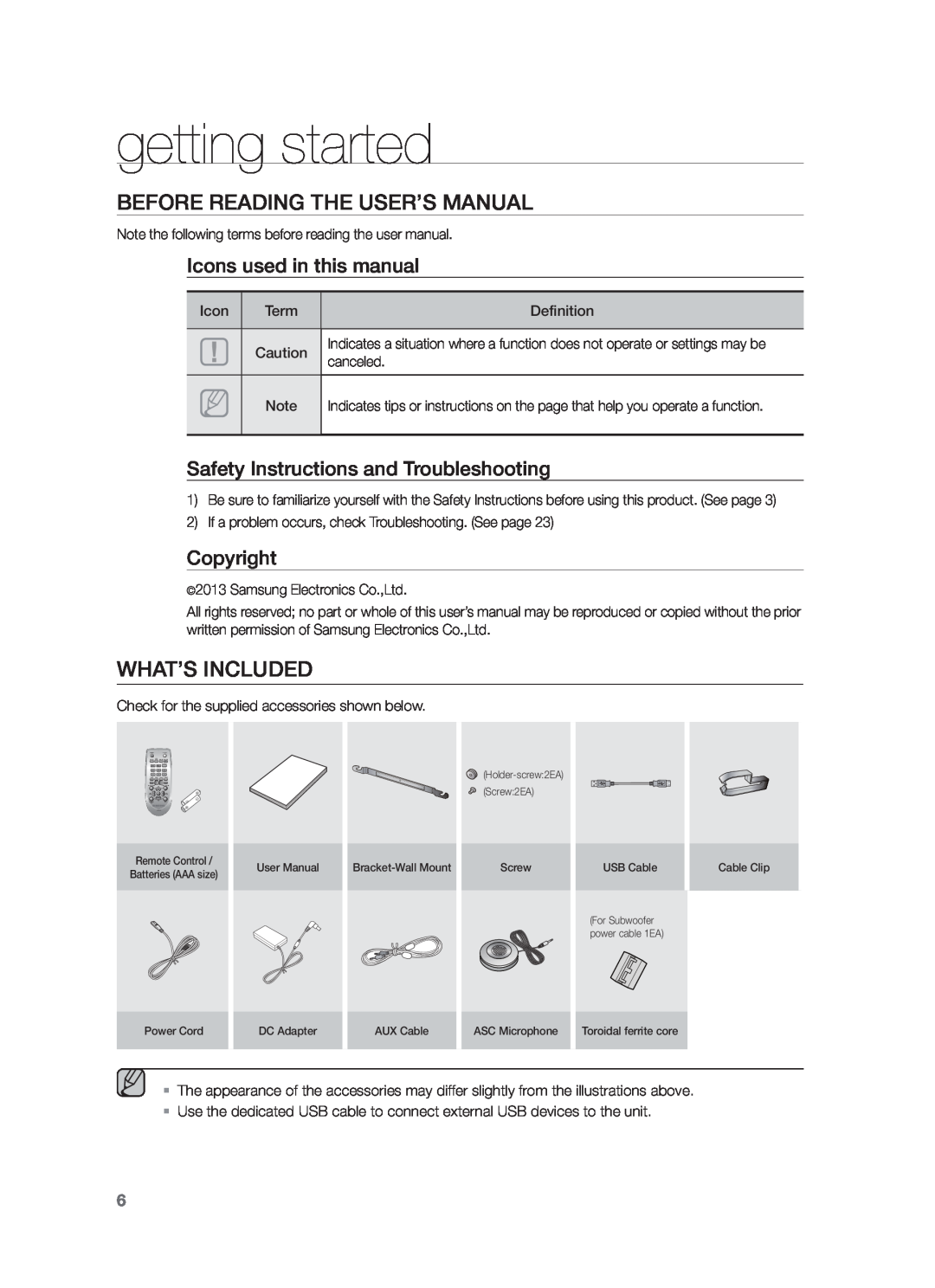 Samsung HW-F751/XN getting started, Before Reading The User’S Manual, What’S Included, Icons used in this manual 