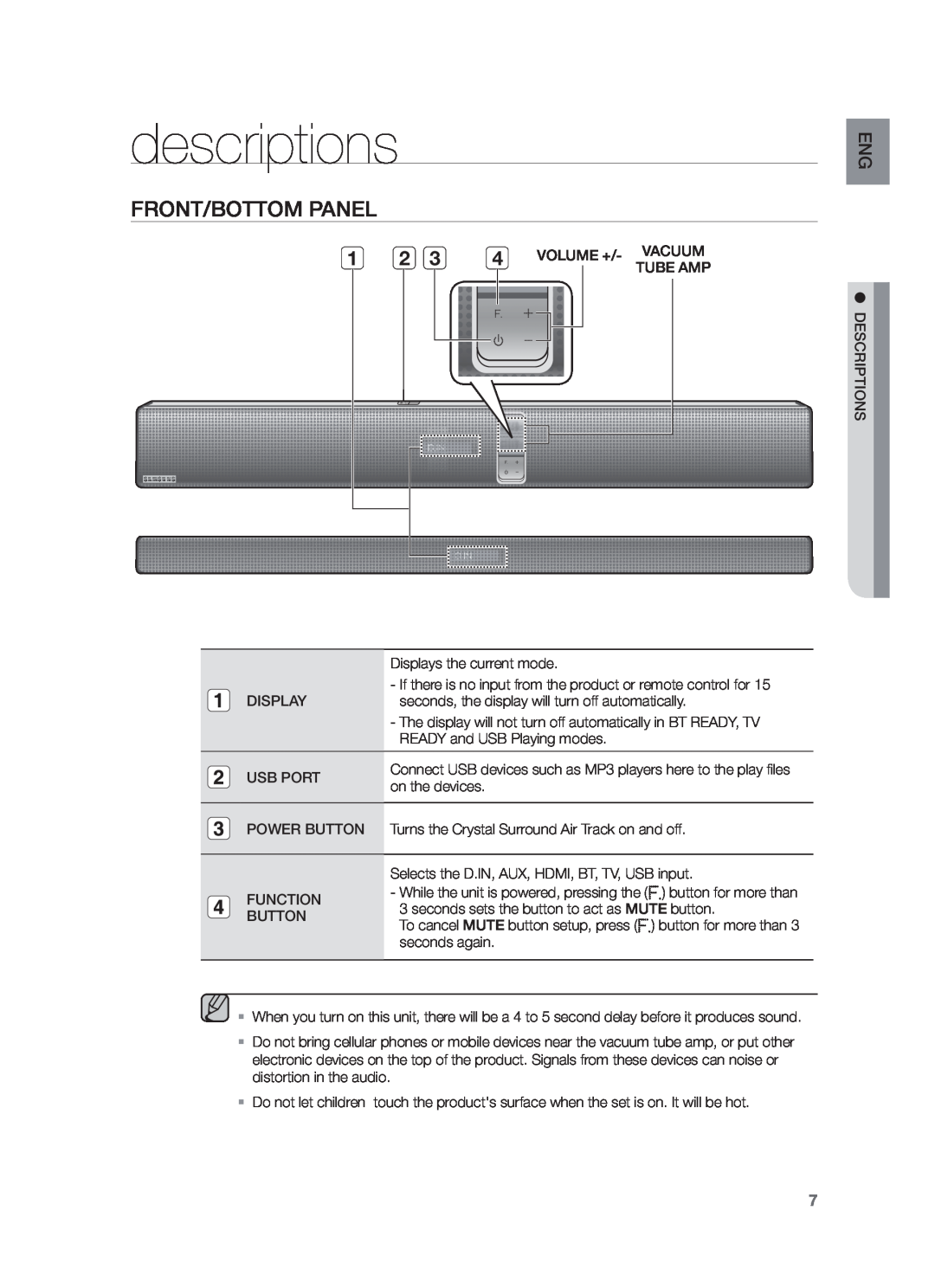 Samsung HW-F751/TK, HW-F751/XN, HW-F751/EN manual descriptions, Front/Bottom Panel 