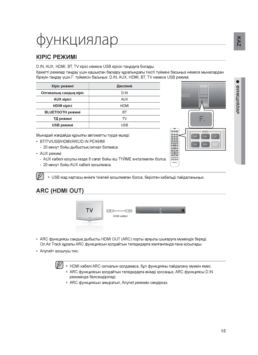 Samsung HW-F850/RU manual Функциялар, Кіріс Режимі, ARC Hdmi OUT 