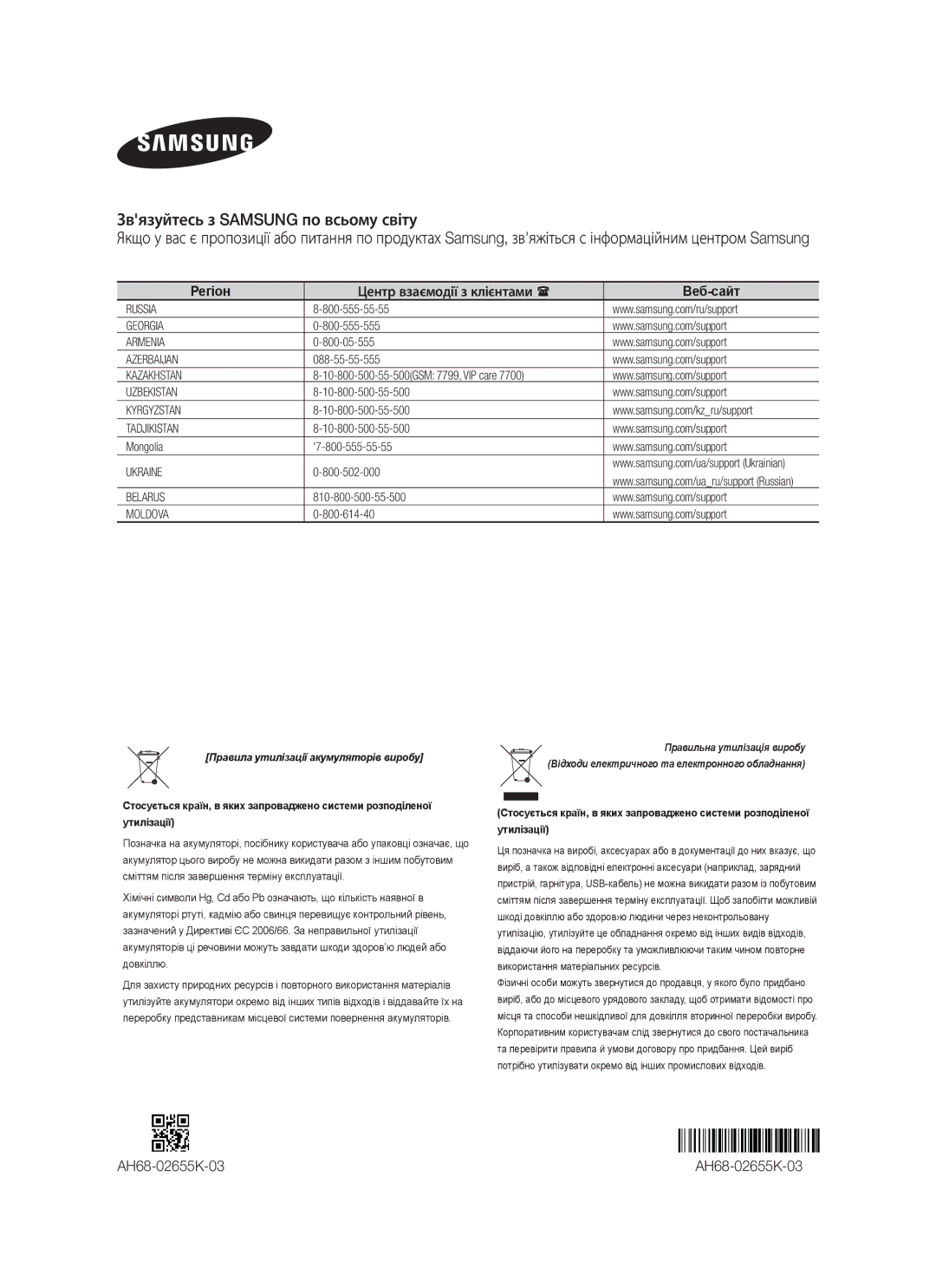 Samsung HW-F850/RU manual Регіон, Центр взаємодії з клієнтами , Веб-сайт, AH68-02655K-03 