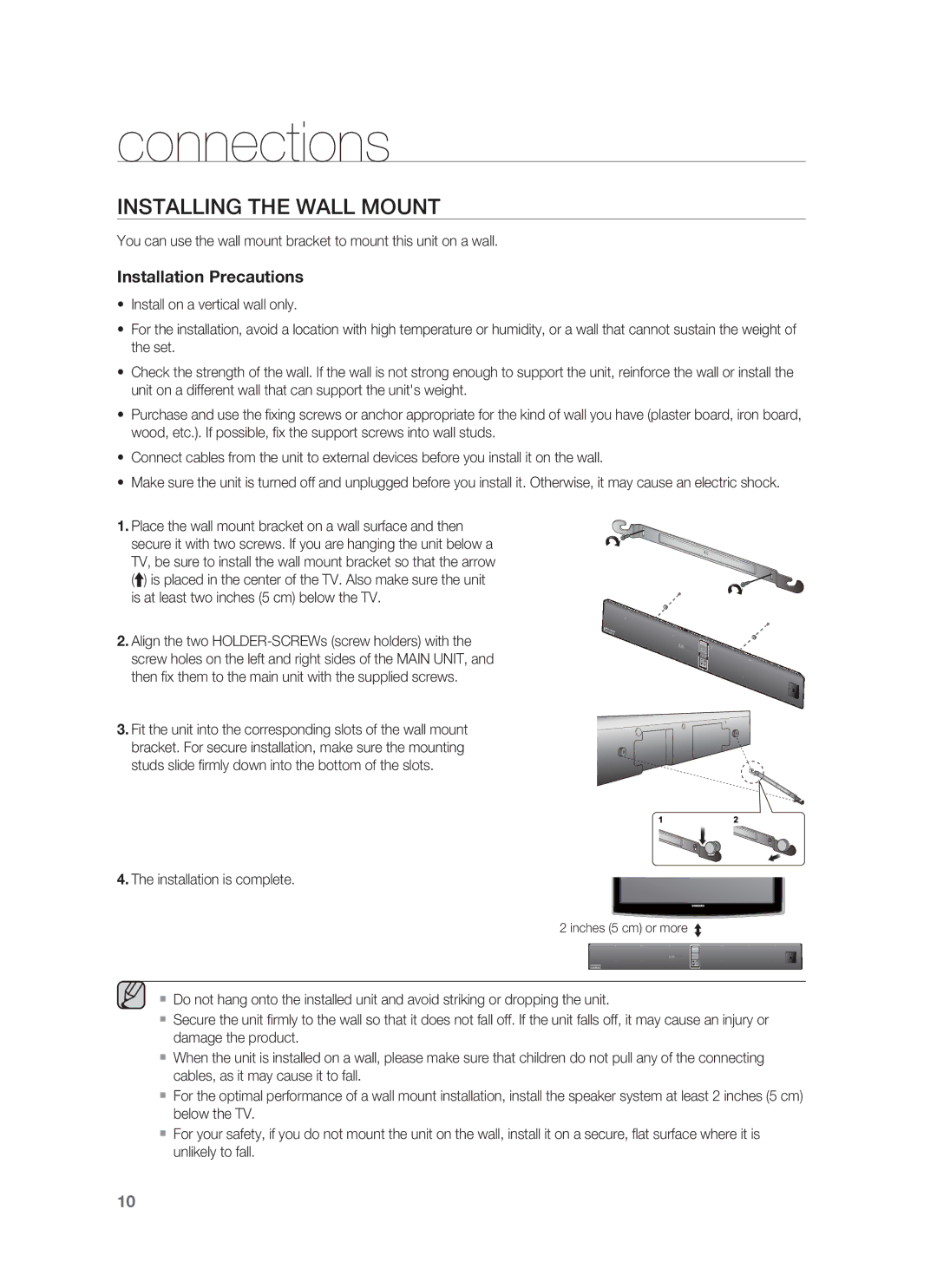 Samsung HW-F850/ZA user manual Connections, Installing the Wall Mount 