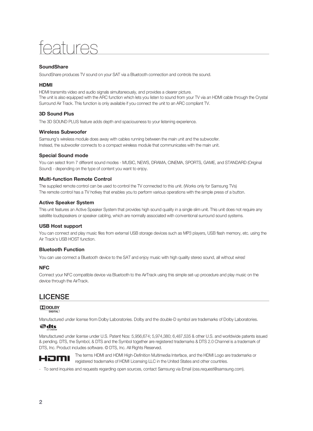 Samsung HW-F850/ZA user manual Features, License 