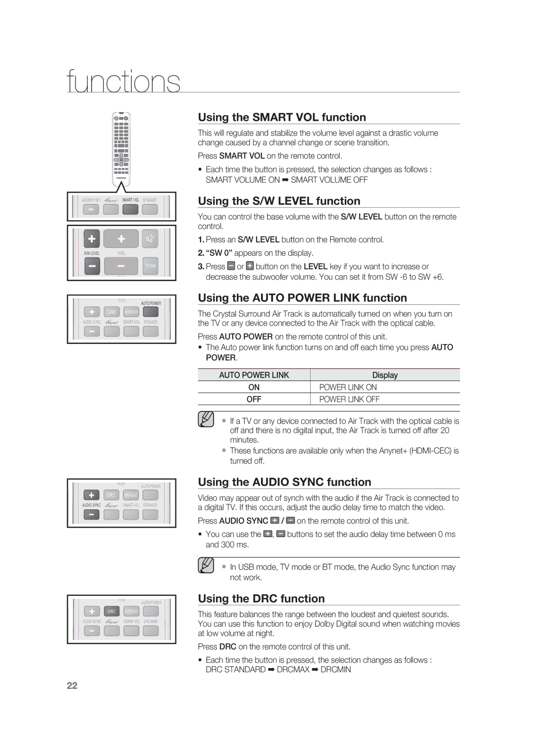 Samsung HW-F850/ZA Using the Smart VOL function, Using the S/W Level function, Using the Auto Power Link function 