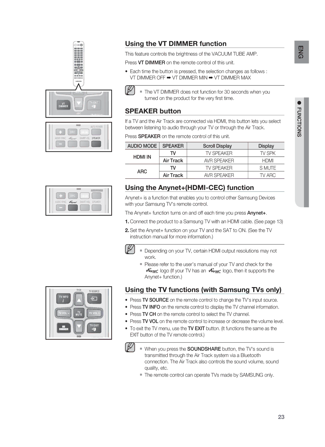 Samsung HW-F850/ZA user manual Using the VT Dimmer function, Speaker button, Using the Anynet+HDMI-CEC function 