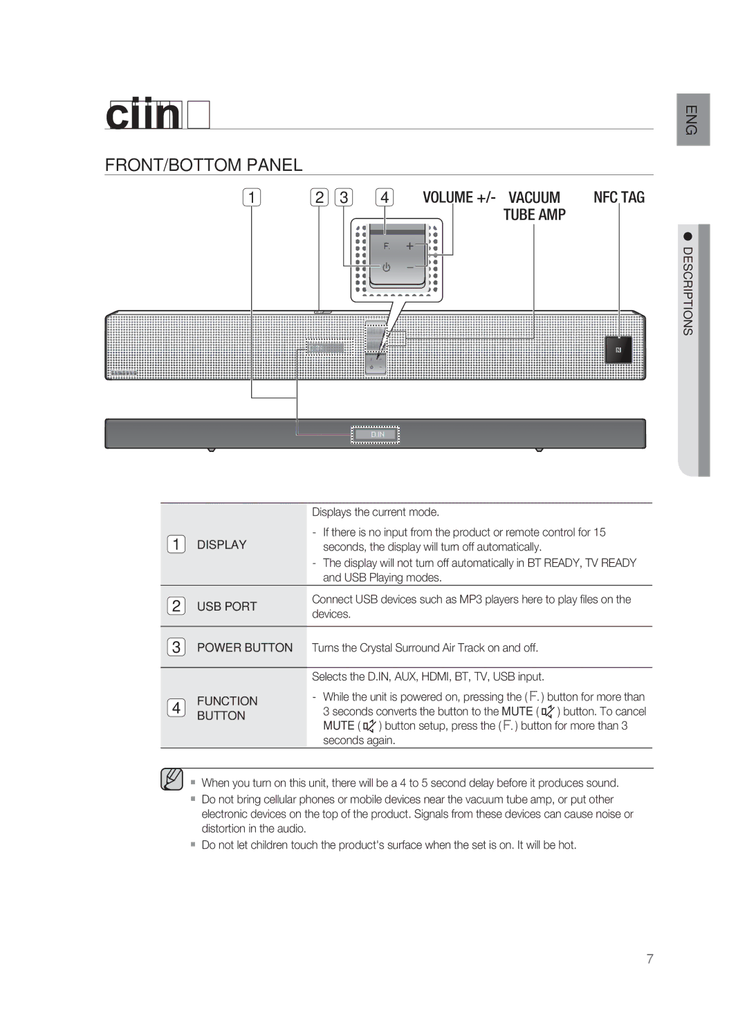 Samsung HW-F850/ZA user manual Descriptions, FRONT/BOTTOM Panel 