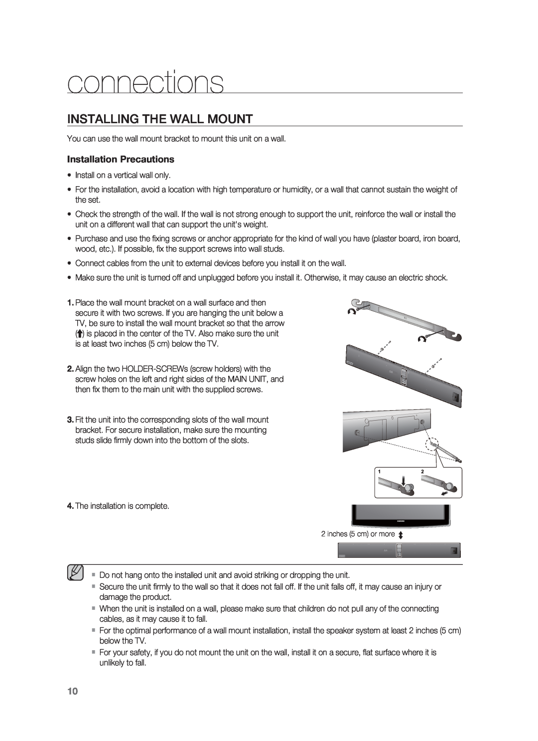 Samsung HW-F850/ZA user manual connections, Installing The Wall Mount, Installation Precautions 