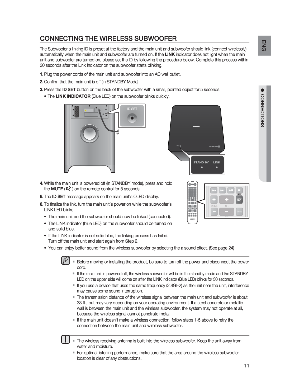 Samsung HW-F850/ZA user manual Connecting The Wireless Subwoofer 
