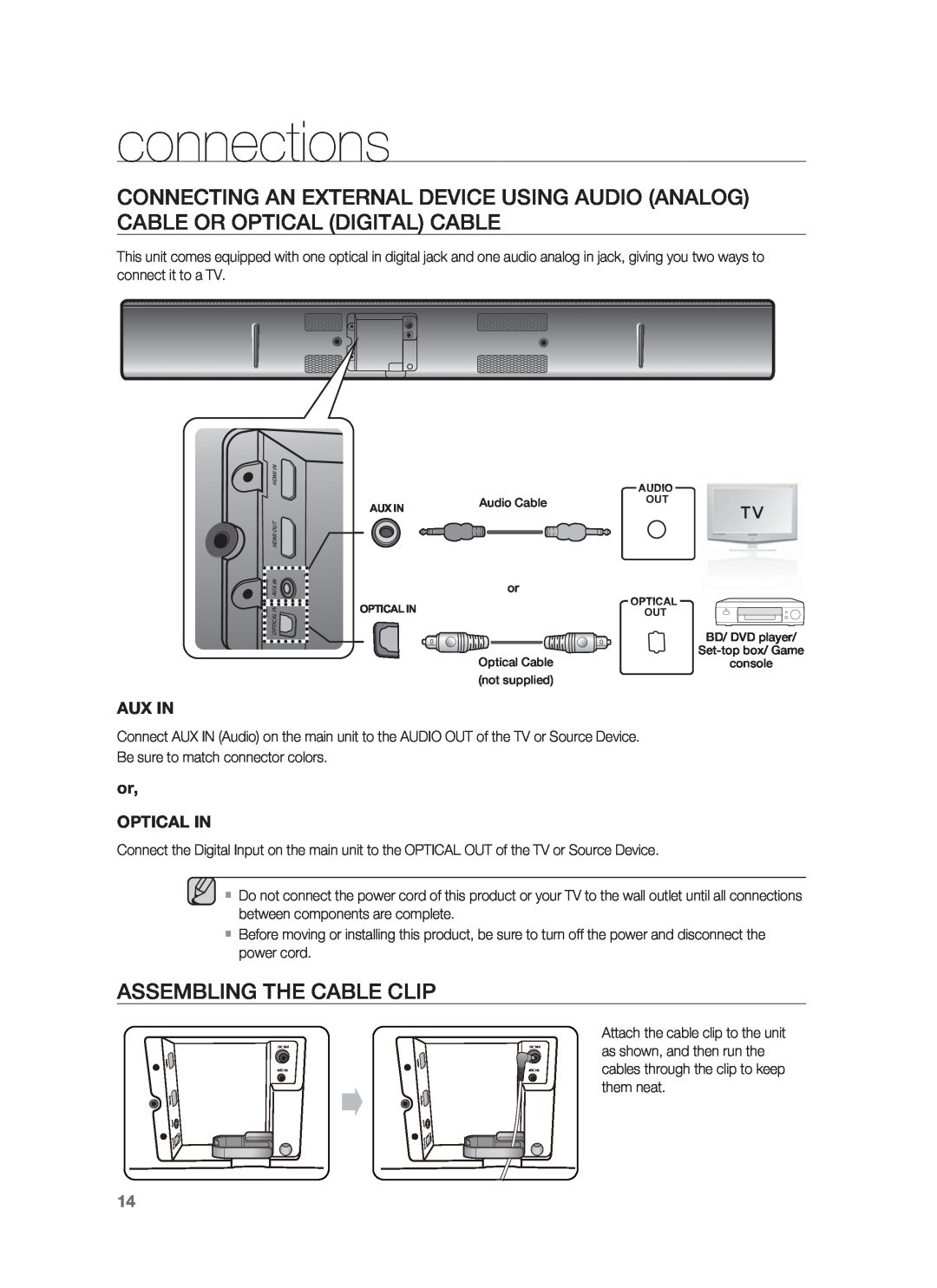 Samsung HW-F850/ZA user manual Assembling The Cable Clip, Aux In, or OPTICAL IN, connections 