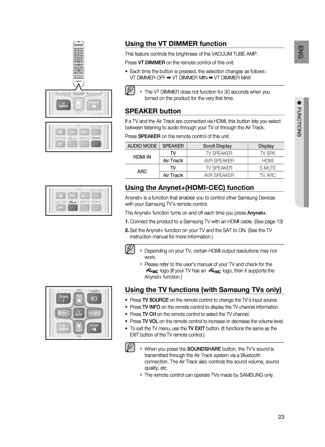 Samsung HW-F850/ZA user manual Using the VT DIMMER function, SPEAKER button, Using the Anynet+HDMI-CECfunction 