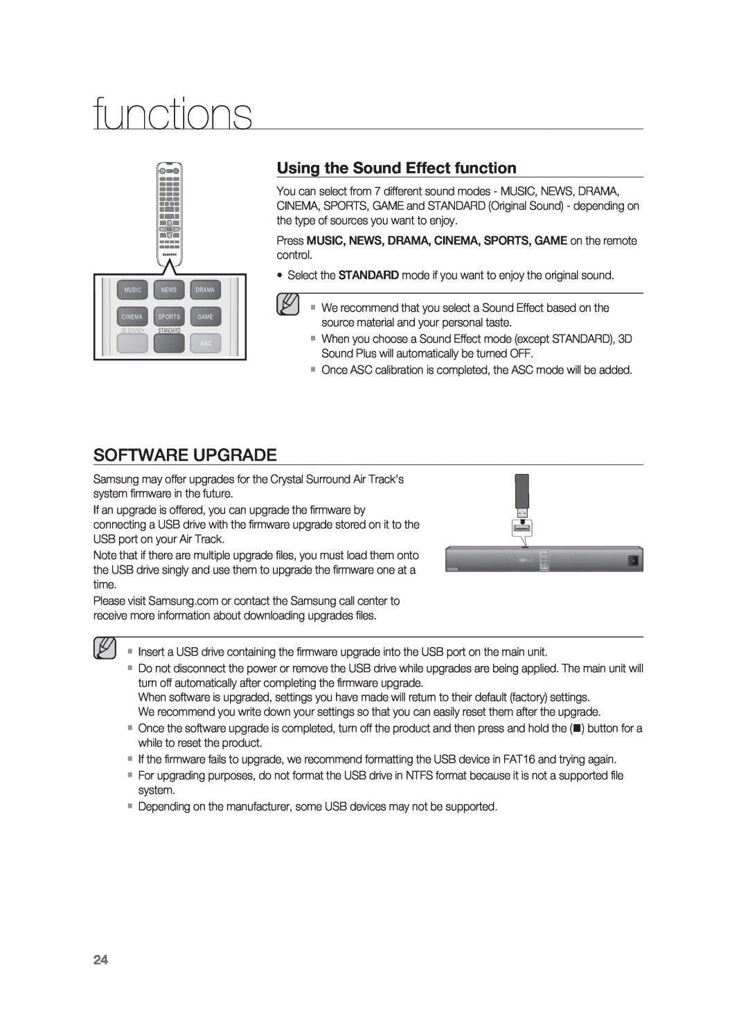 Samsung HW-F850/ZA user manual Software Upgrade, Using the Sound Effect function, functions 