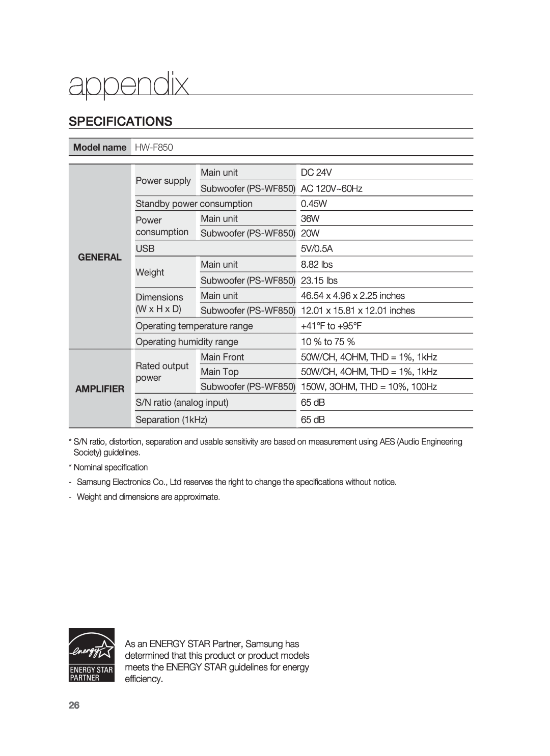 Samsung HW-F850/ZA user manual appendix, Specifications, Model name 