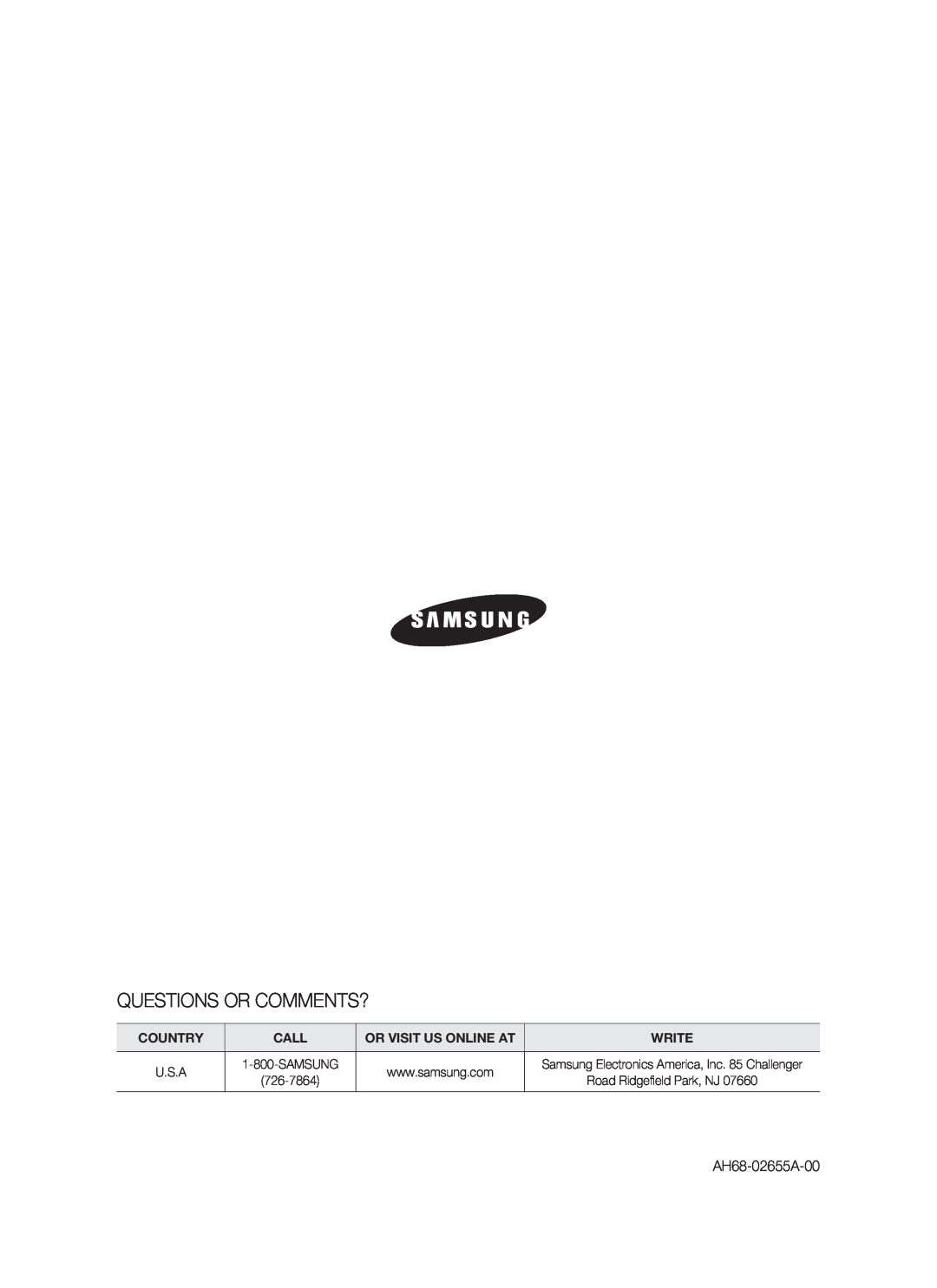 Samsung HW-F850/ZA user manual Questions Or Comments?, Country, Call, Or Visit Us Online At, Write 