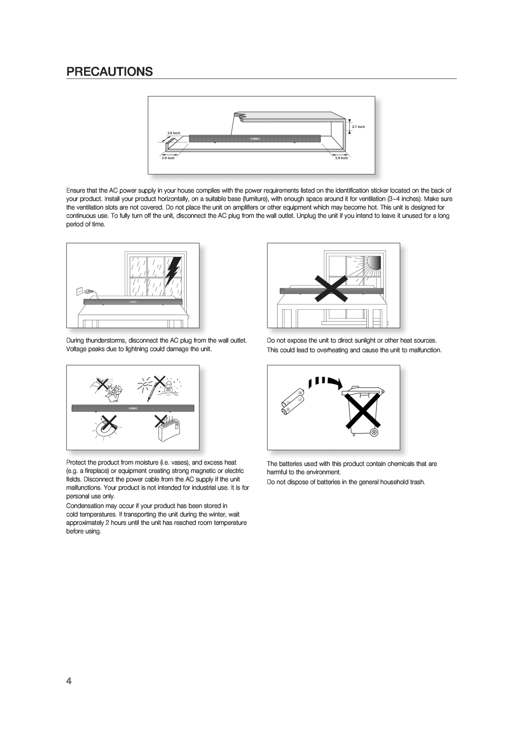 Samsung HW-F850/ZA user manual Precautions, inch 3.9 inch 