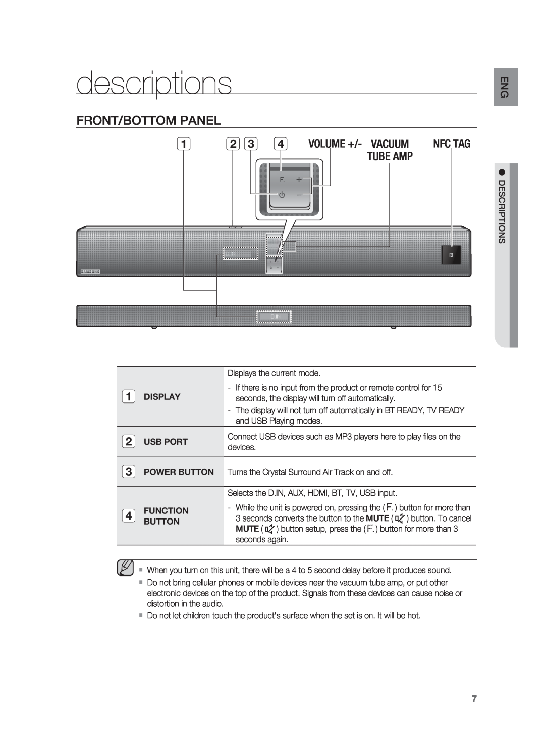 Samsung HW-F850/ZA user manual descriptions, Front/Bottom Panel, Volume +/- Vacuum, Tube Amp 