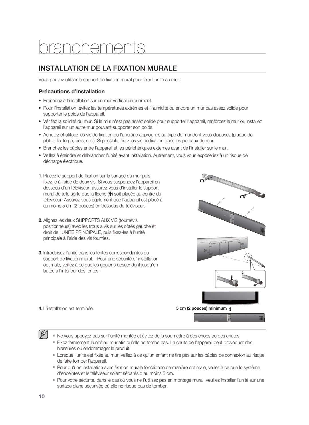 Samsung HW-F850/ZF manual Branchements, Installation DE LA Fixation Murale, Linstallation est terminée 