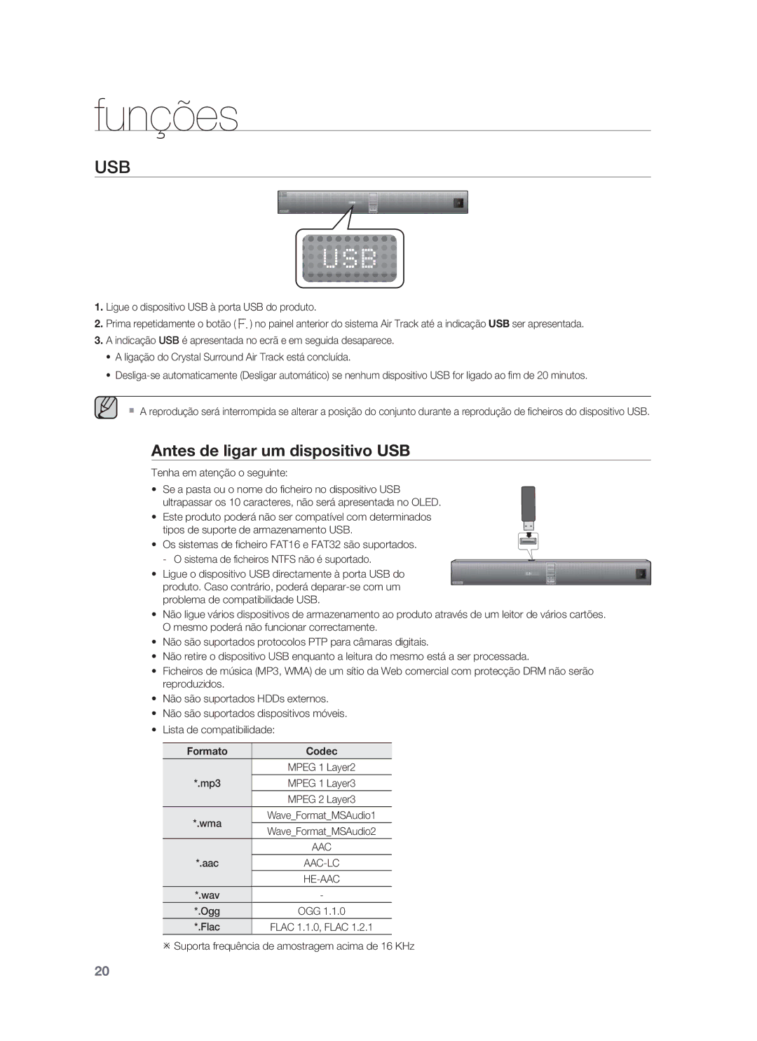 Samsung HW-F850/ZF manual Antes de ligar um dispositivo USB, Tenha em atenção o seguinte 