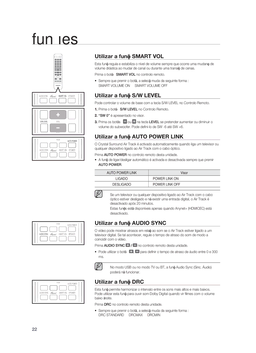 Samsung HW-F850/ZF manual Utilizar a função Smart VOL, Utilizar a função S/W Level, Utilizar a função Auto Power Link 