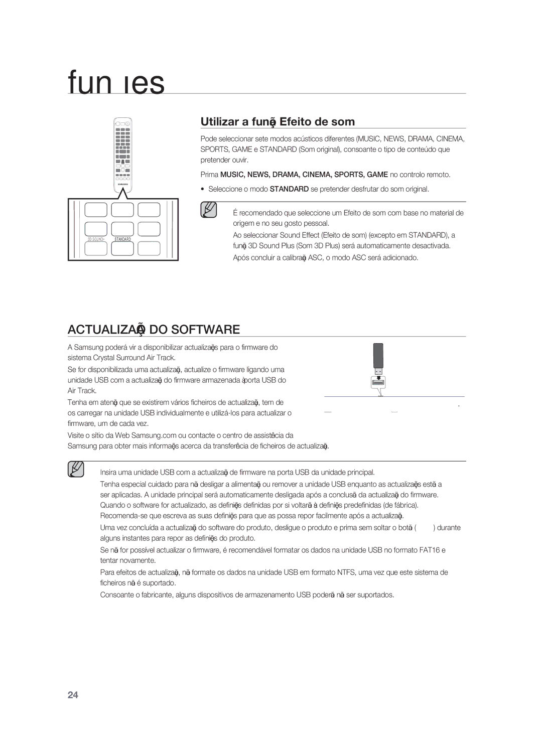 Samsung HW-F850/ZF manual Actualização do Software, Utilizar a função Efeito de som 