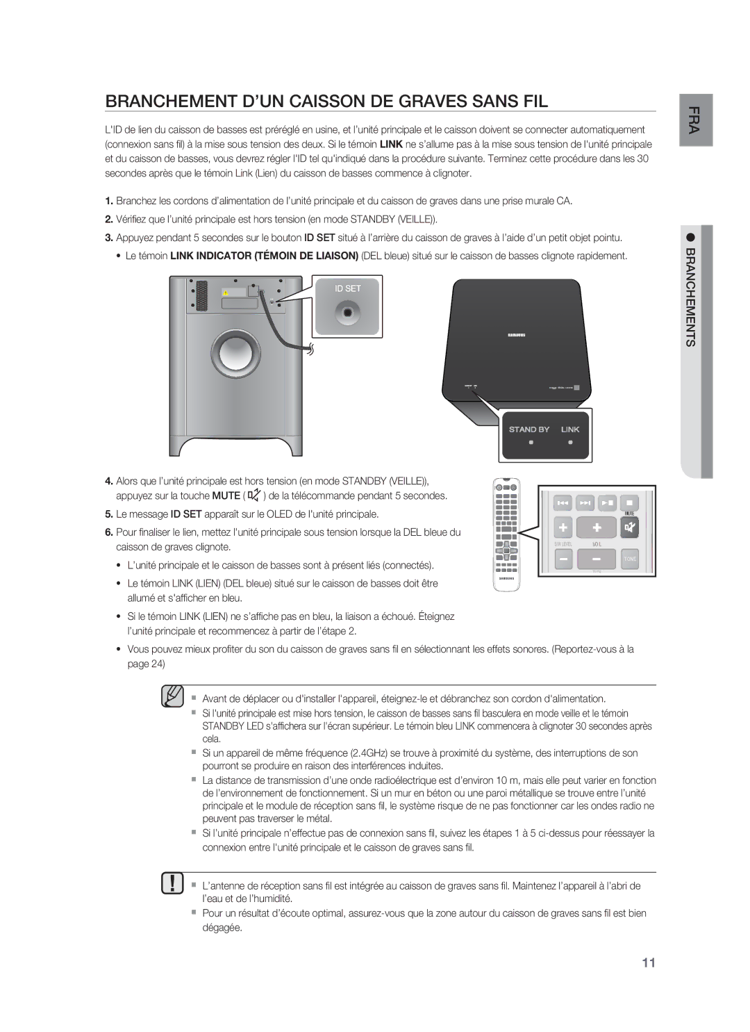 Samsung HW-F850/ZF manual Branchement D’UN Caisson DE Graves Sans FIL, Branchements 