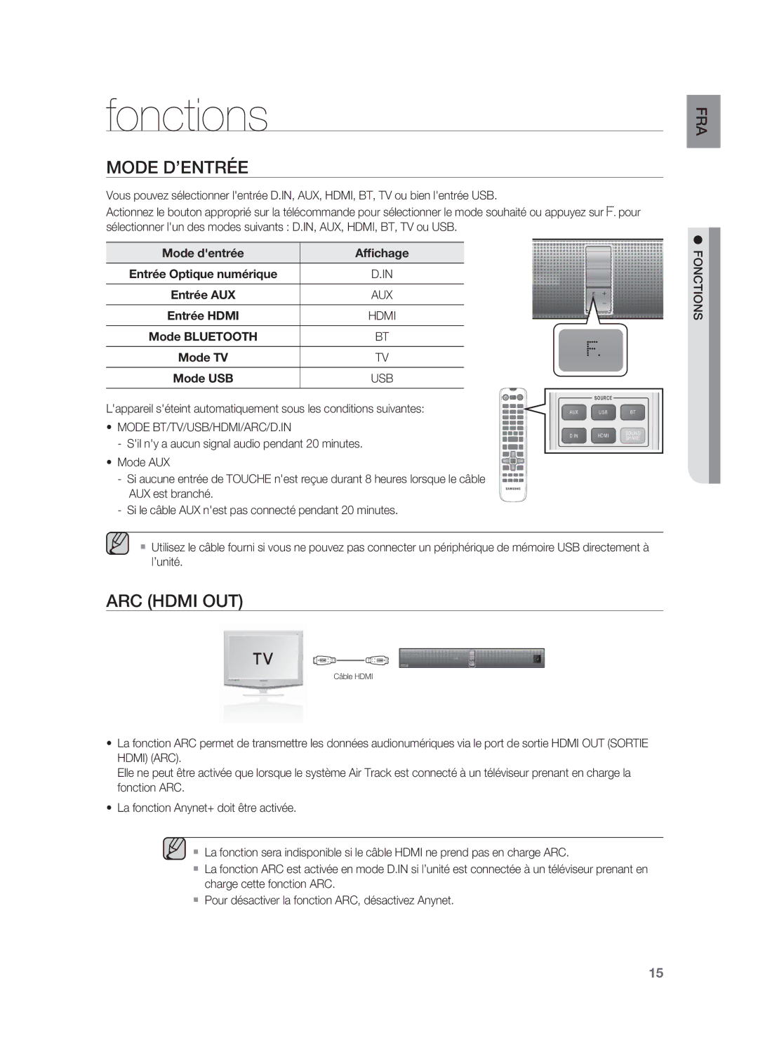 Samsung HW-F850/ZF manual Fonctions, Mode D’ENTRÉE, ARC Hdmi OUT 