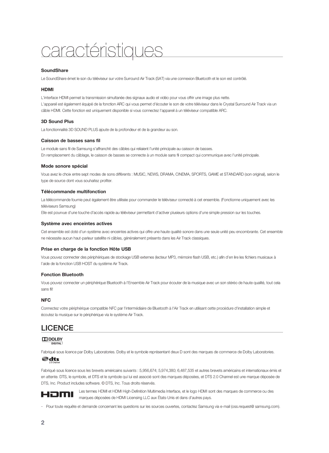 Samsung HW-F850/ZF manual Caractéristiques, Licence 