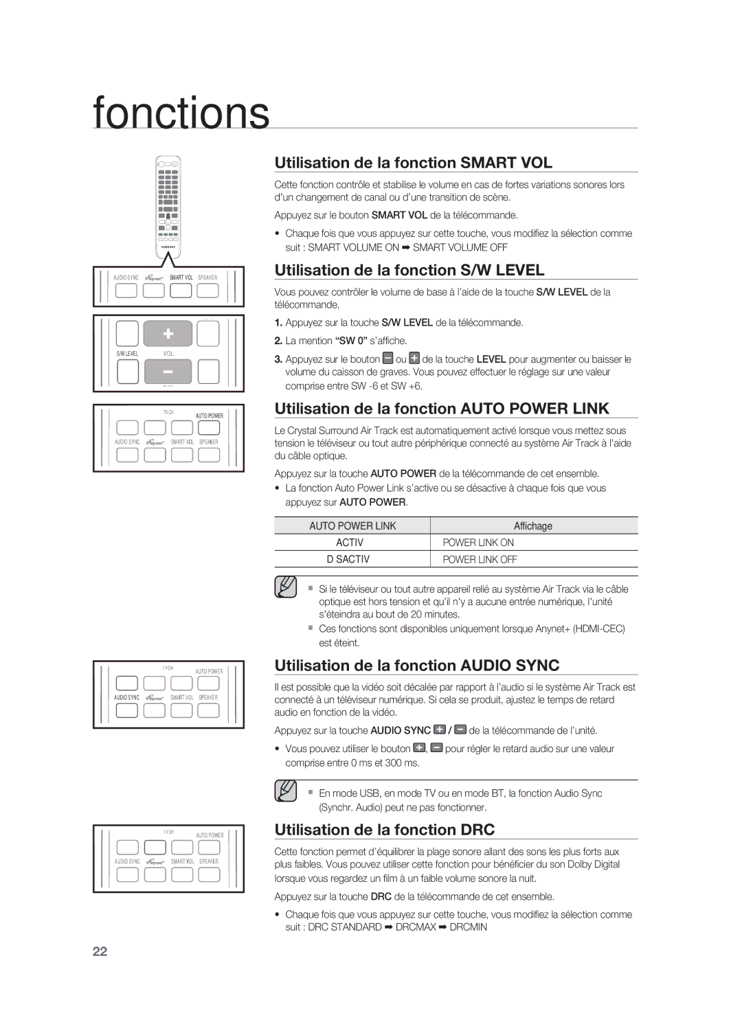 Samsung HW-F850/ZF manual Utilisation de la fonction Smart VOL, Utilisation de la fonction S/W Level 