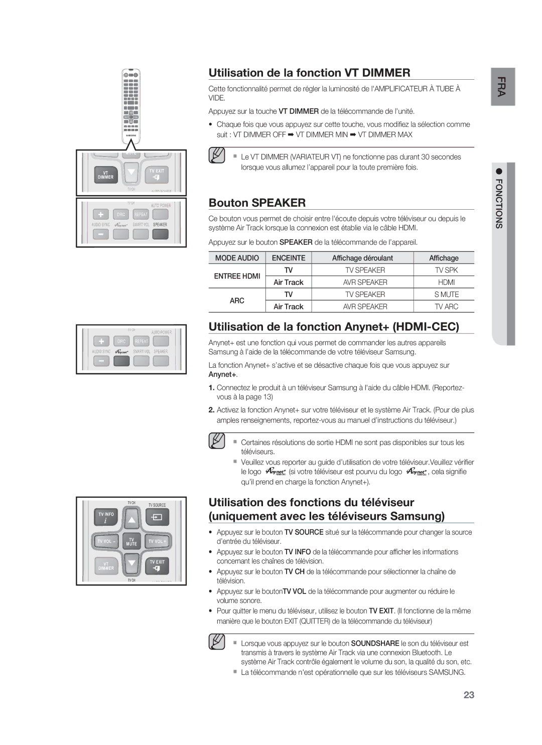 Samsung HW-F850/ZF manual Utilisation de la fonction VT Dimmer, Bouton Speaker, Utilisation de la fonction Anynet+ HDMI-CEC 