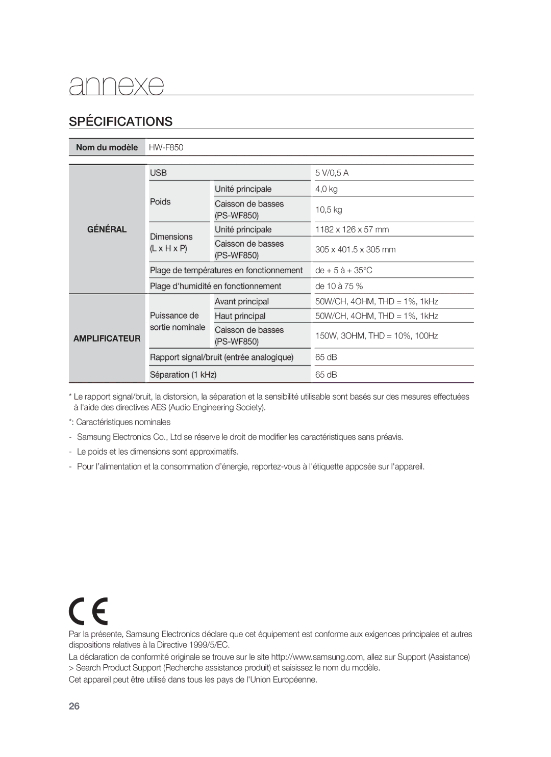Samsung HW-F850/ZF manual Annexe, Spécifications, Usb, Général, Amplificateur 