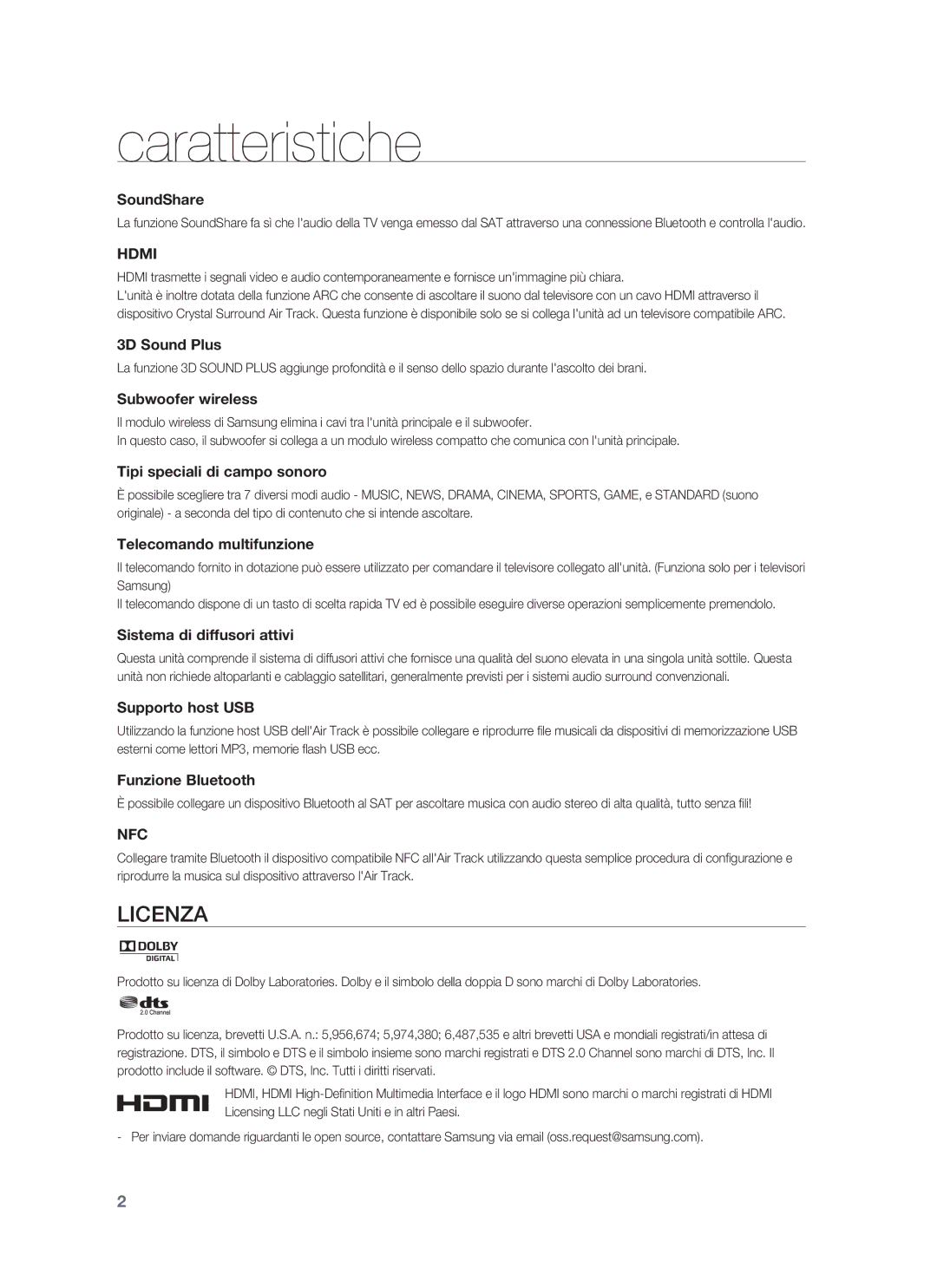 Samsung HW-F850/ZF manual Caratteristiche, Licenza, Hdmi, Nfc 