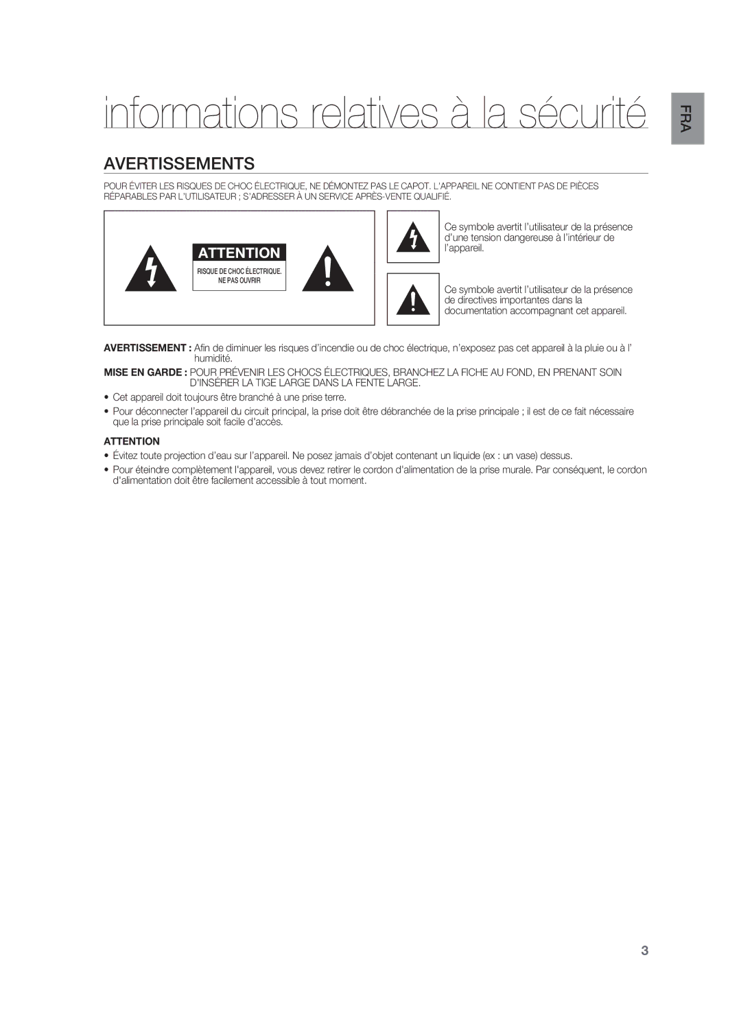 Samsung HW-F850/ZF manual Informations relatives à la sécurité, Avertissements 