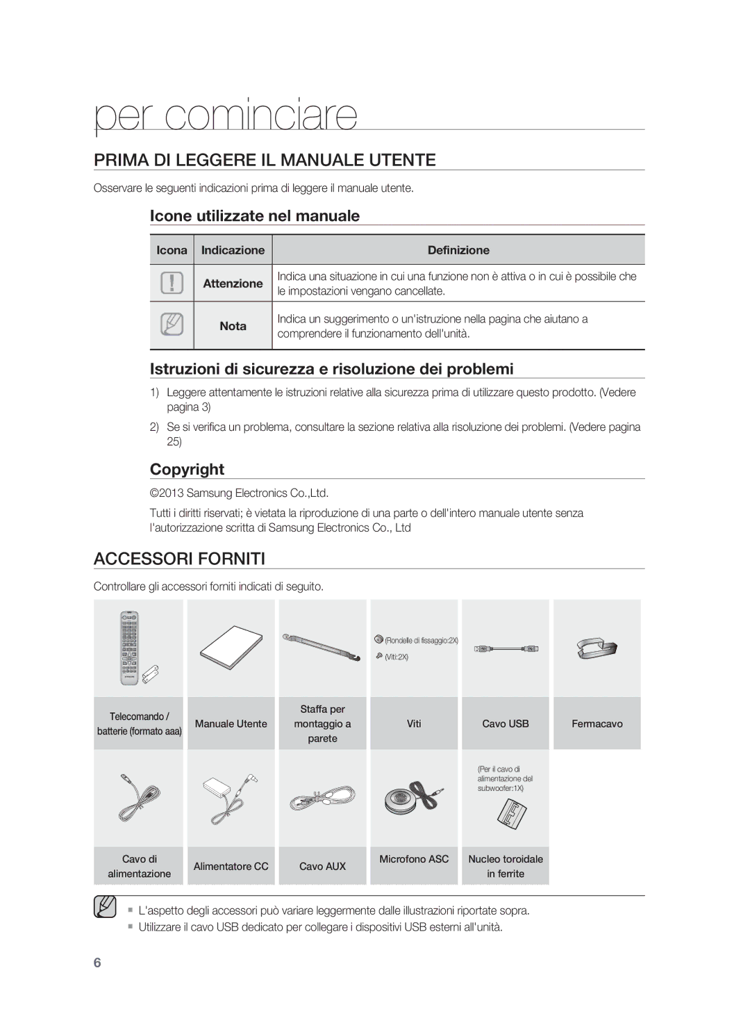 Samsung HW-F850/ZF Per cominciare, Prima DI Leggere IL Manuale Utente, Accessori Forniti, Icone utilizzate nel manuale 