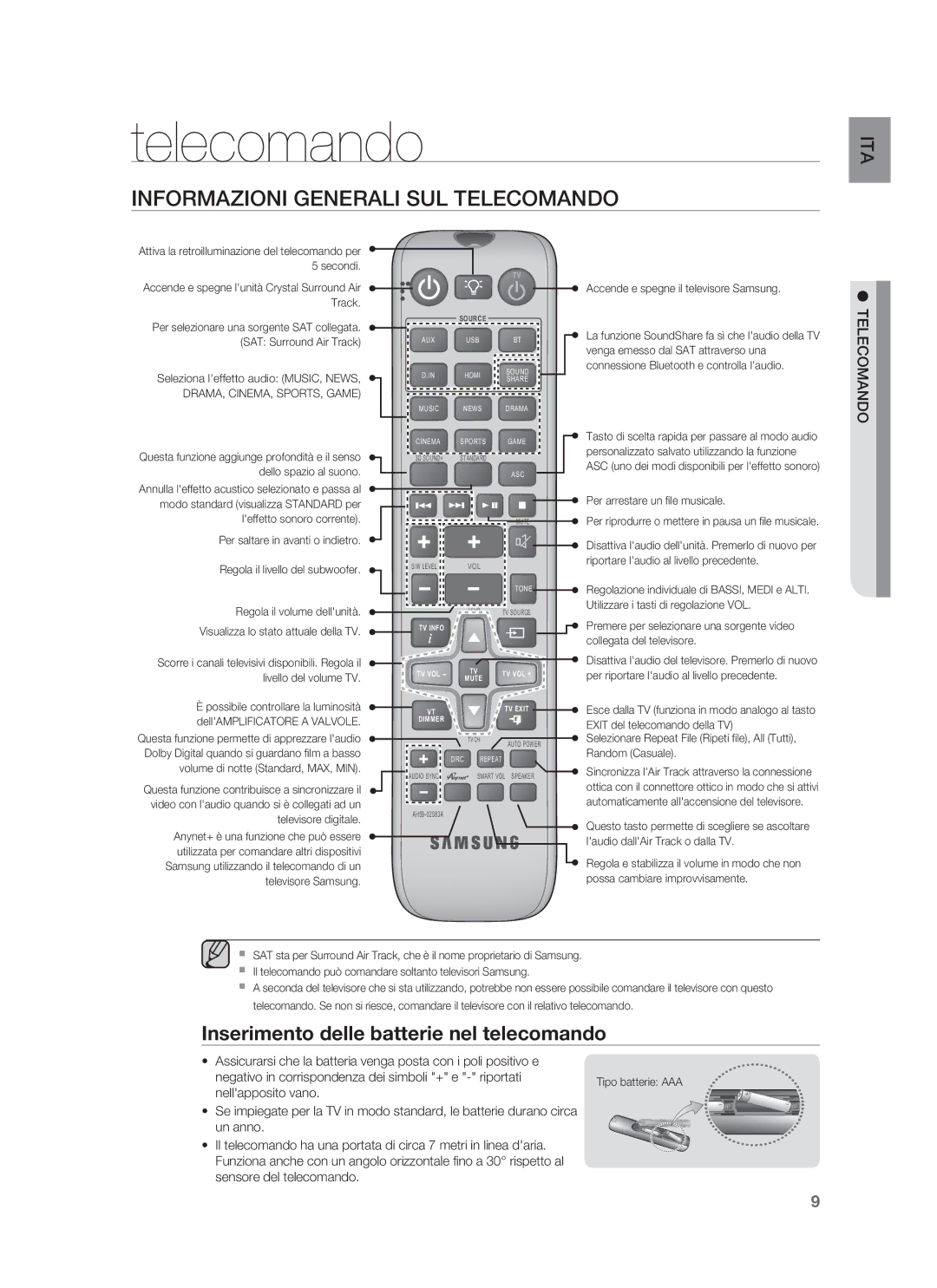 Samsung HW-F850/ZF manual Informazioni Generali SUL Telecomando, Inserimento delle batterie nel telecomando 