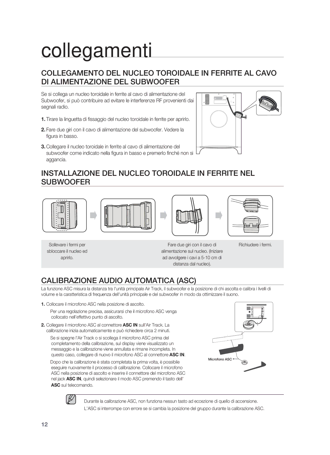 Samsung HW-F850/ZF manual Installazione DEL Nucleo Toroidale in Ferrite NEL Subwoofer, Calibrazione Audio Automatica ASC 