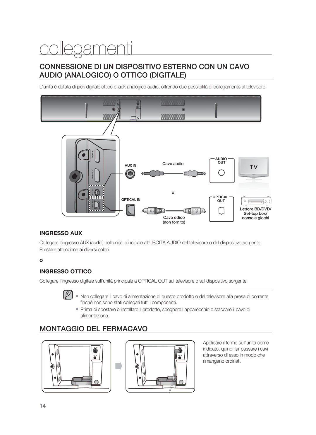 Samsung HW-F850/ZF manual Montaggio DEL Fermacavo, Ingresso AUX 