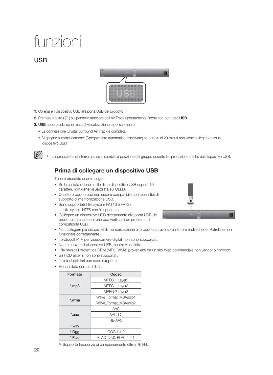 Samsung HW-F850/ZF manual Prima di collegare un dispositivo USB, Formato Codec 