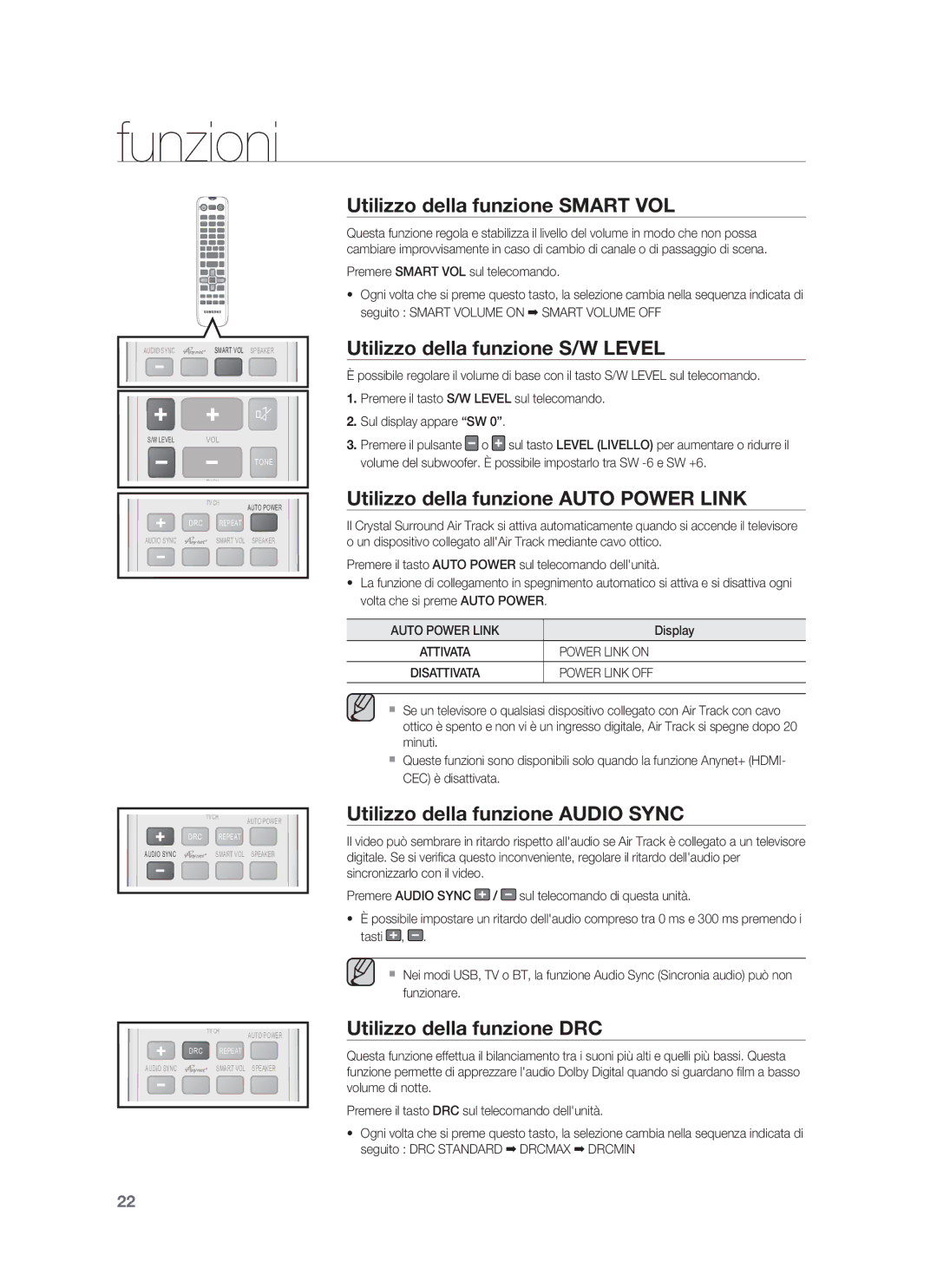 Samsung HW-F850/ZF manual Utilizzo della funzione Smart VOL, Utilizzo della funzione S/W Level, Utilizzo della funzione DRC 