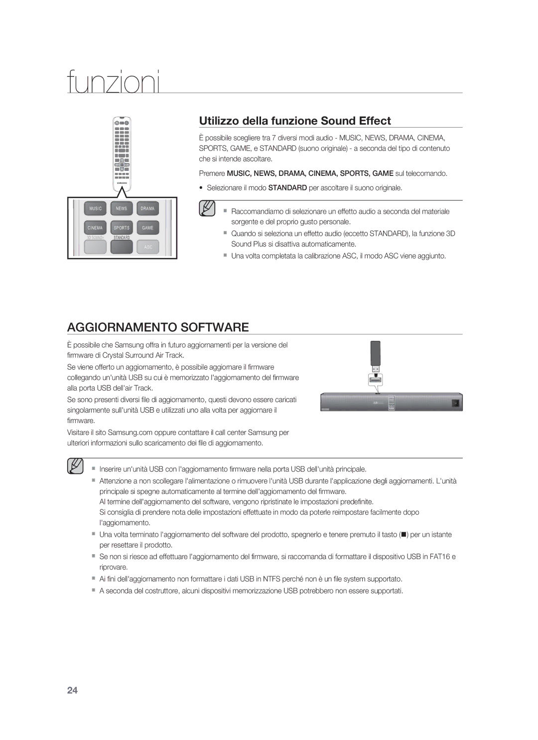 Samsung HW-F850/ZF manual Aggiornamento Software, Utilizzo della funzione Sound Effect 