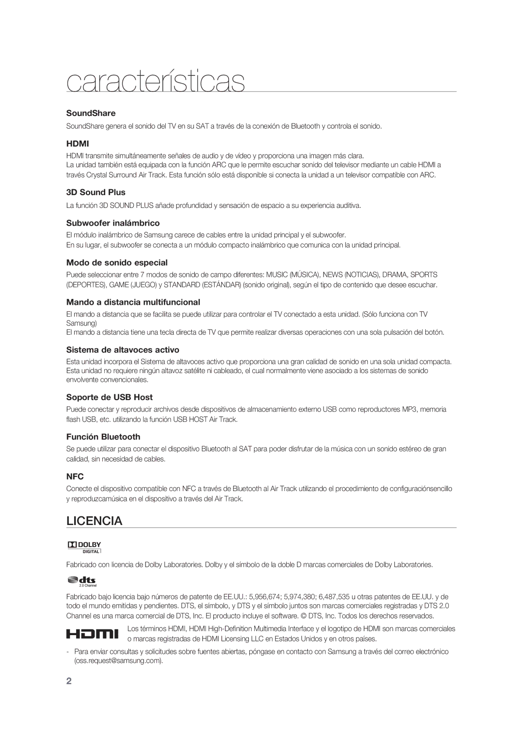 Samsung HW-F850/ZF manual Características, Licencia 