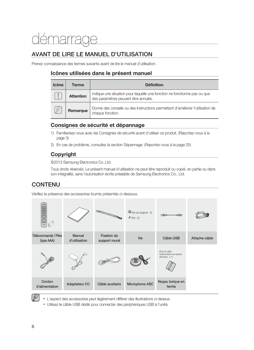 Samsung HW-F850/ZF manual Démarrage, Avant DE Lire LE Manuel Dutilisation, Contenu 