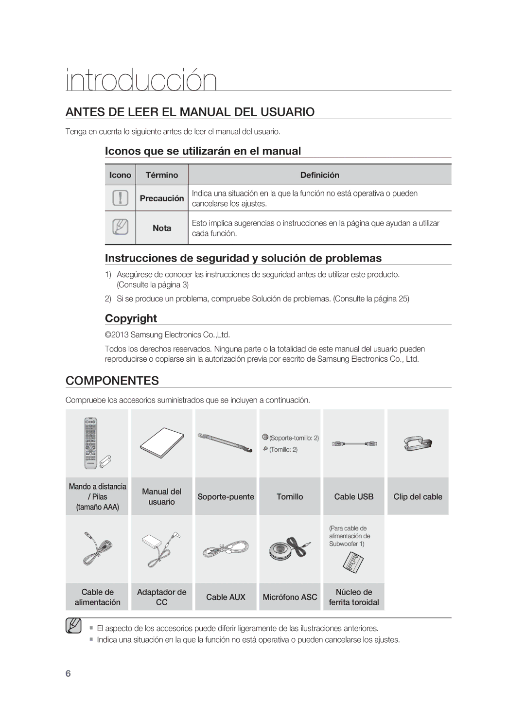 Samsung HW-F850/ZF Introducción, Antes DE Leer EL Manual DEL Usuario, Componentes, Iconos que se utilizarán en el manual 