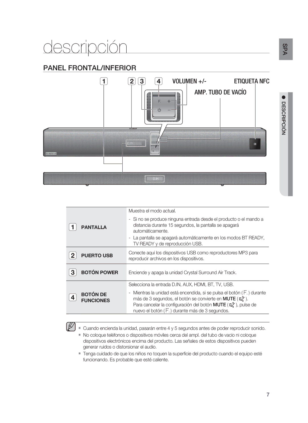 Samsung HW-F850/ZF manual Descripción, Panel FRONTAL/INFERIOR, Etiqueta NFC, Puerto USB, Botón DE Funciones 