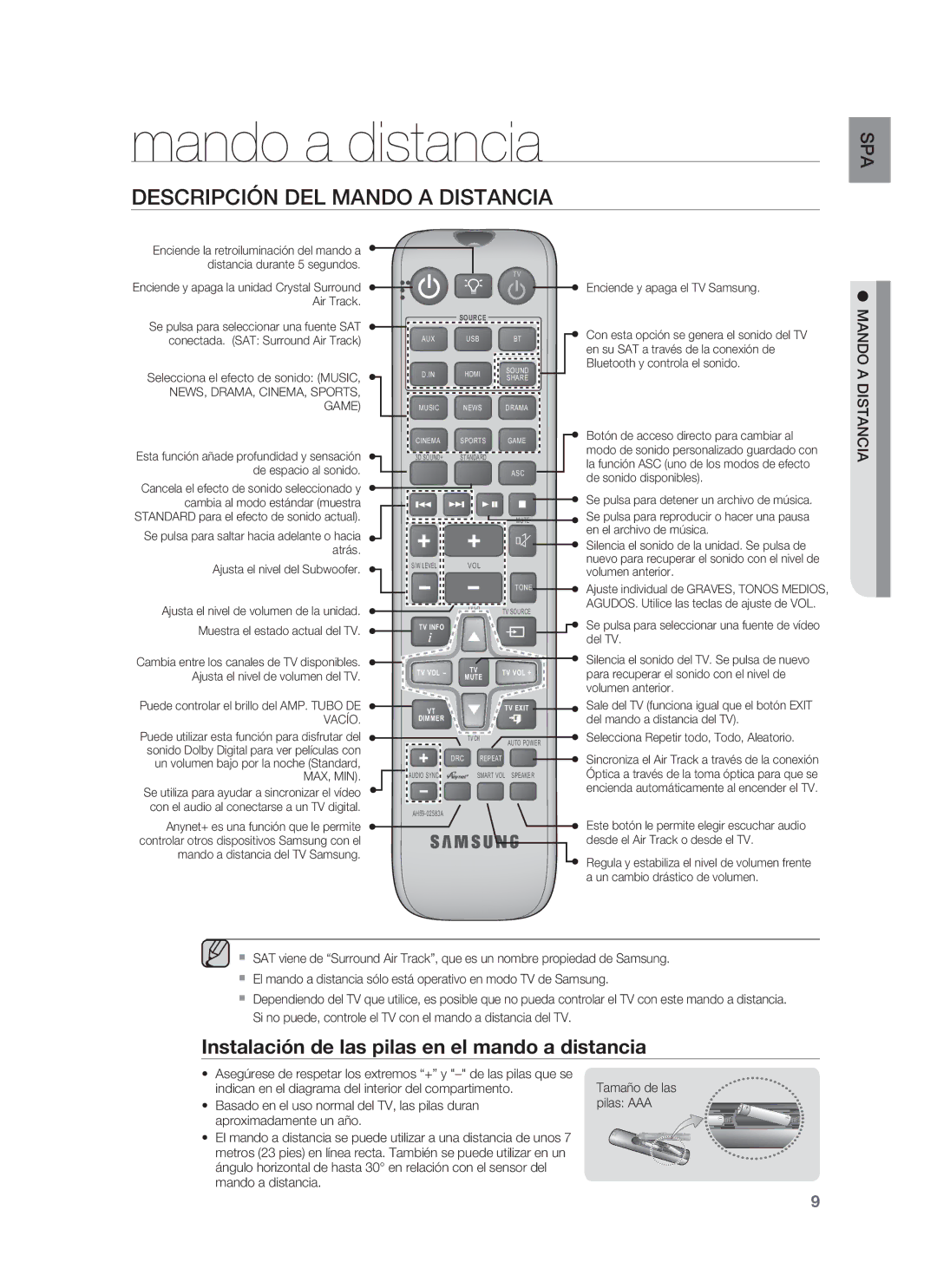 Samsung HW-F850/ZF Mando a distancia, Descripción DEL Mando a Distancia, Instalación de las pilas en el mando a distancia 