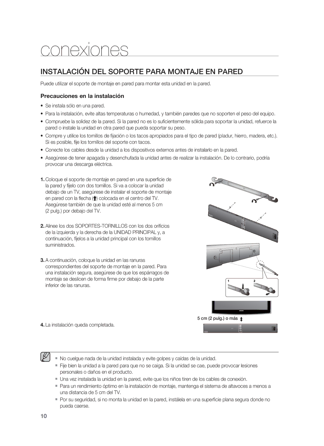 Samsung HW-F850/ZF manual Conexiones, Instalación DEL Soporte Para Montaje EN Pared, Se instala sólo en una pared 